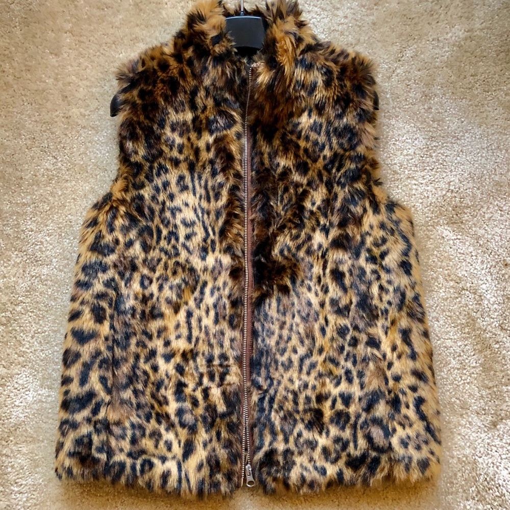 Jcrew Faux Womens Leopard Vest XS Jacket Animal Print Fur Extra Small Zip Up